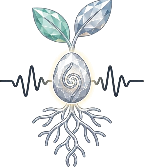 Camp Synthesis mark: a crystal seed sprouting two leaves over roots, a heartbeat line through it